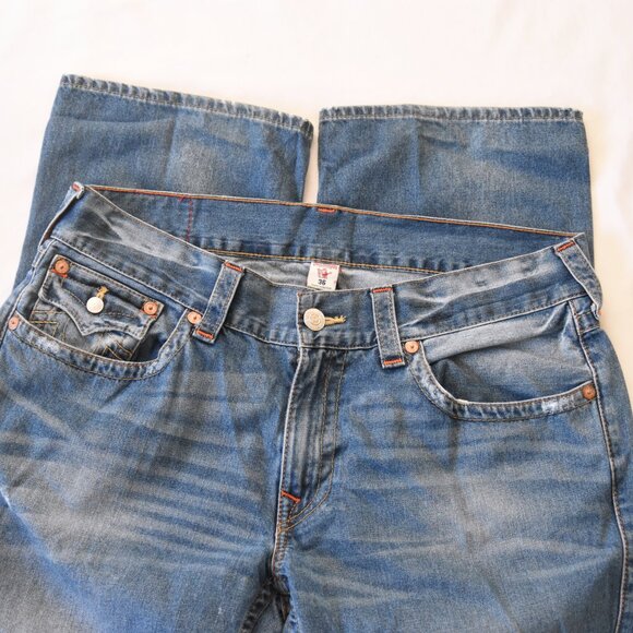 TRUE RELIGION Mens 36 Straight WFLPS Old Multi Blue Denim Jeans Flap Pocket Y2K - Picture 8 of 11